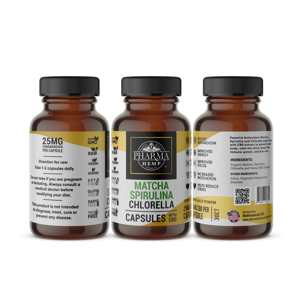 CBD Matcha Spirulina Chlorella Capsules 25 MG 30ct. Hemp Health Inc